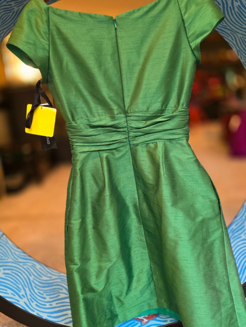 ALFRED SUNG Green Satin V-Neck Fit-and-Flare Dress - Picture 2 of 4